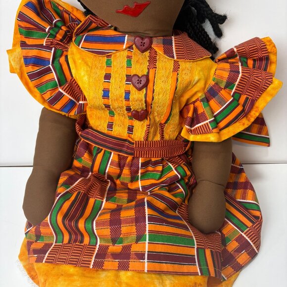 Handmade African Cloth Doll 30” Braided Hair w/Beads & Kente Dress Heart Buttons - Picture 5 of 7